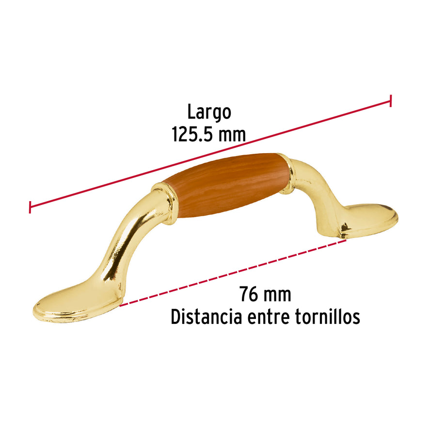 Jaladera metálica, 76mm latón brillante, inserto tipo madera Caja con 12, 43832