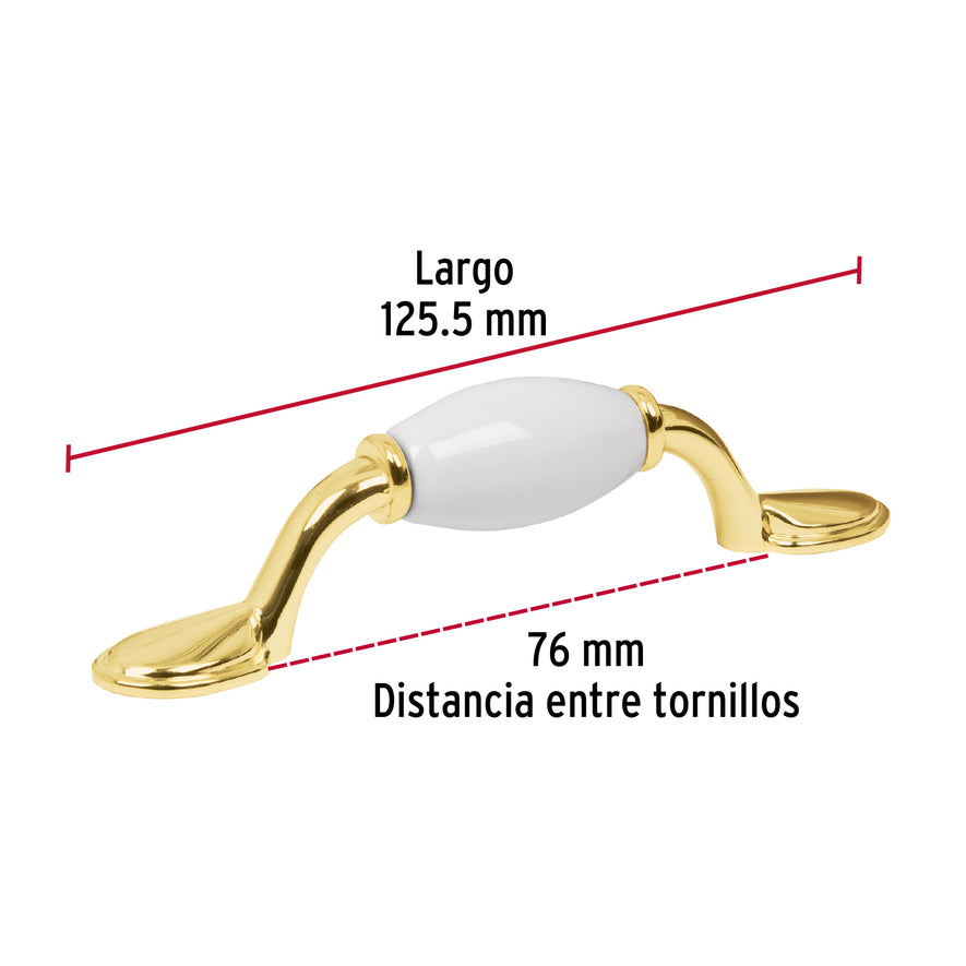 Jaladera metálica de 76 mm latón brillante, inserto cerámico Caja con 12, 43833