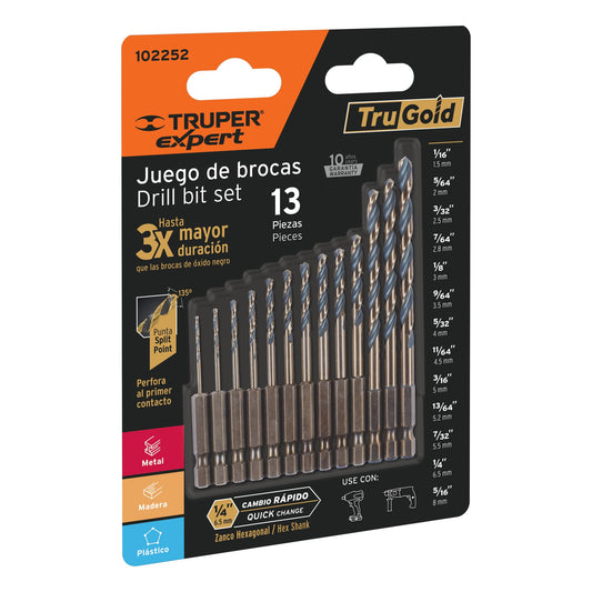 Juego de 13 brocas HSS p/metal zanco cambio rápido, Expert, 102252