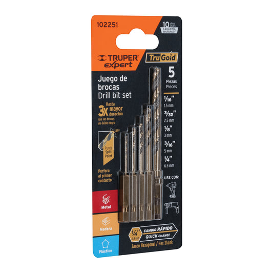 Juego de 5 brocas HSS para metal zanco cambio rápido, Expert Caja con 6, 102251