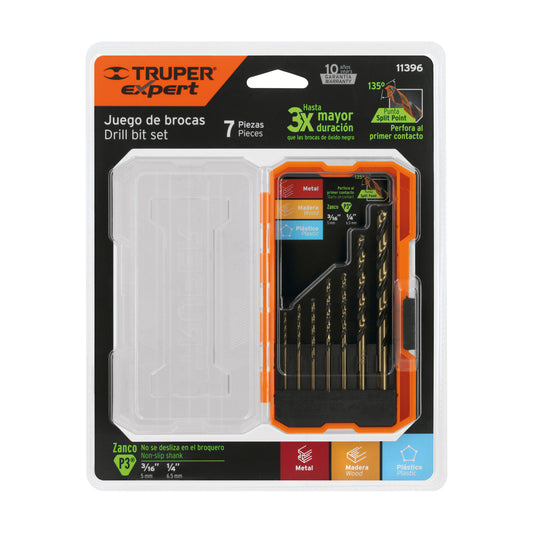 Juego de 7 brocas HSS para metal en estuche, Truper Expert Caja con 3, 11396