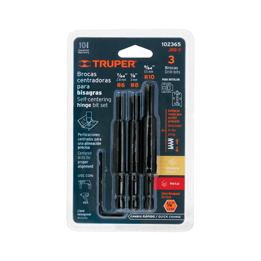 Juego de 3 brocas para bisagra, TRUPER Caja con 6, 102365