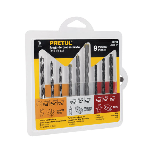 Juego de 9 brocas para metal, concreto y madera, Pretul Caja con 6, 20704