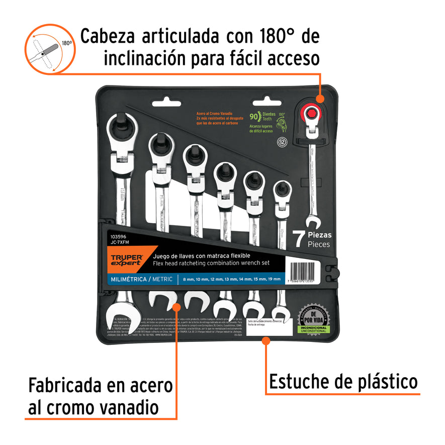 Juego de 7 llaves combinadas mm con matraca flexible, 103596