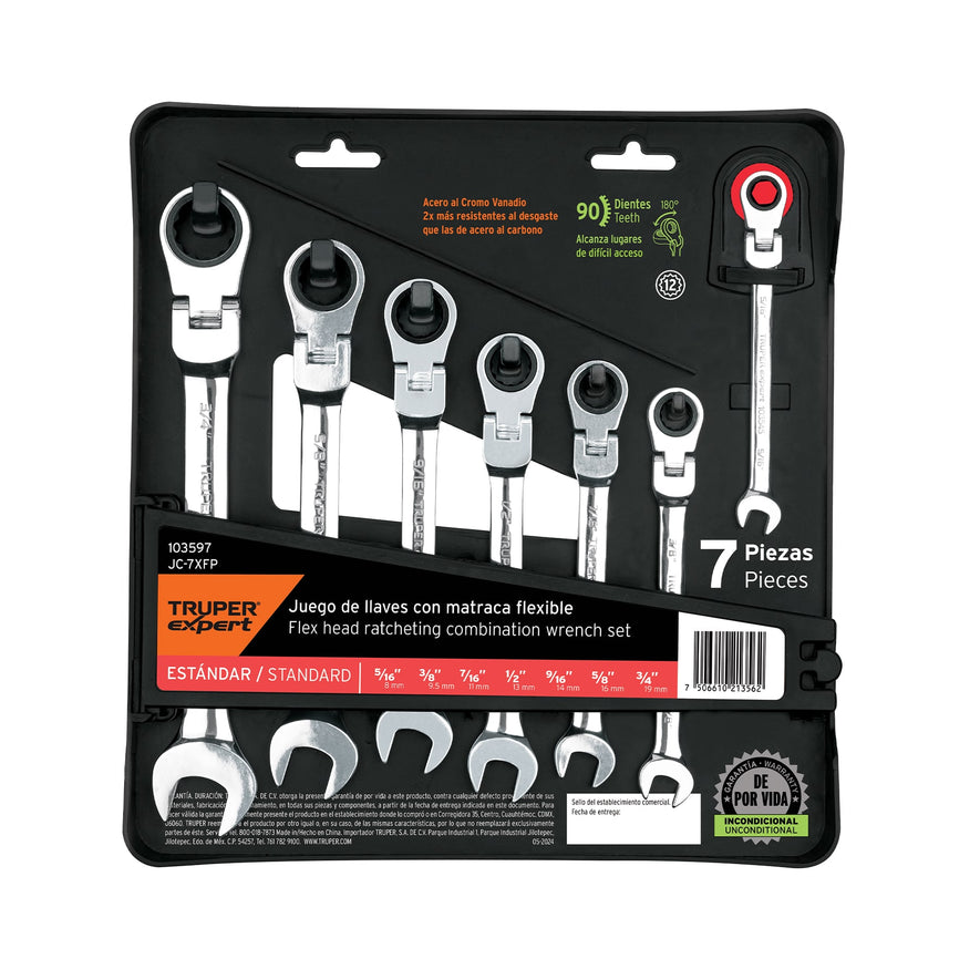 Juego de 7 llaves combinadas std con matraca flexible, 103597