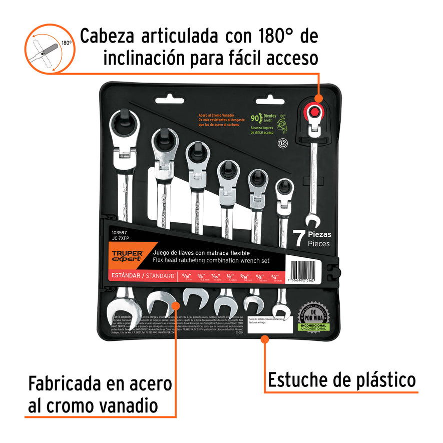 Juego de 7 llaves combinadas std con matraca flexible, 103597