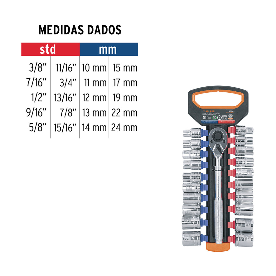 Juego de dados mm y std con matraca, cuadro 1/2', Truper, 103110