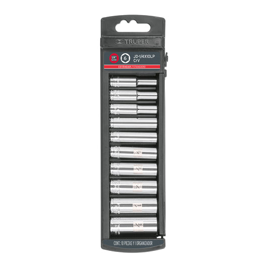 Juego de 10 dados largos cuadro 1/4' std, Truper Caja con 4, 14167