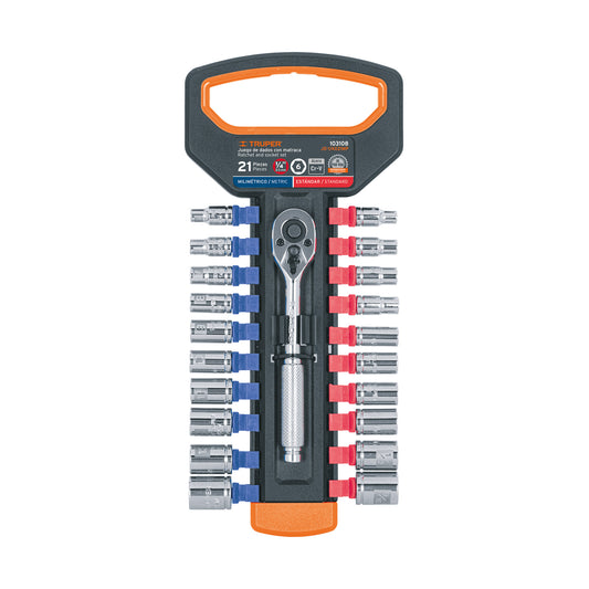 Juego de dados mm y std con matraca, cuadro 1/4', Truper, 103108