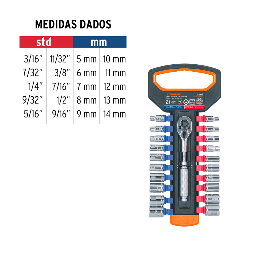Juego de dados mm y std con matraca, cuadro 1/4', Truper, 103108