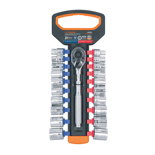 Juego de dados mm y std con matraca, cuadro 3/8', Truper, 103109