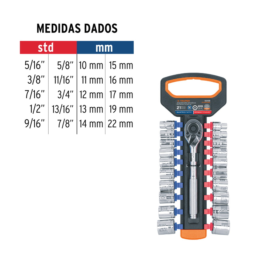 Juego de dados mm y std con matraca, cuadro 3/8', Truper, 103109