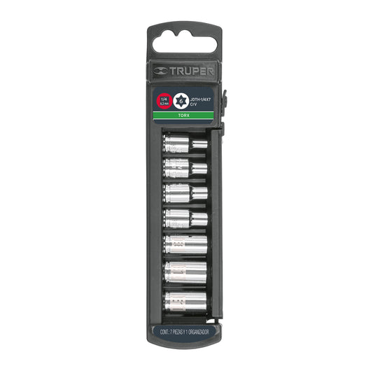 Juego de 7 dados torx cuadro 1/4', Truper Caja con 4, 10027