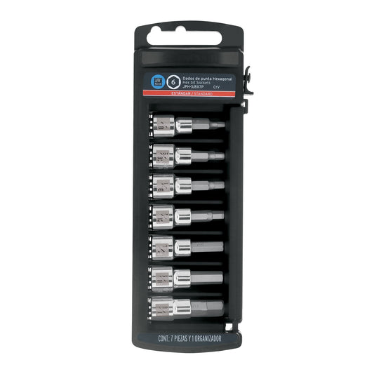 Juego de 7 dados punta hexagonal std, cuadro 3/8', Truper Caja con 4, 14169