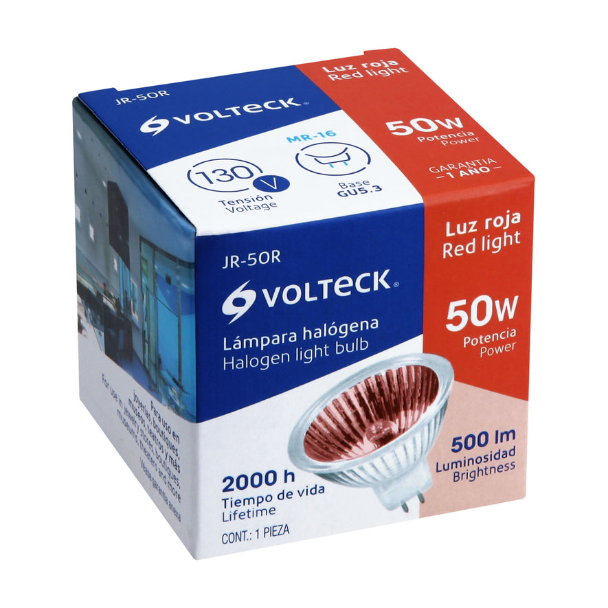Lámpara de halógeno rojo 50 W tipo MR16 en caja, Volteck Caja con 6, 47255