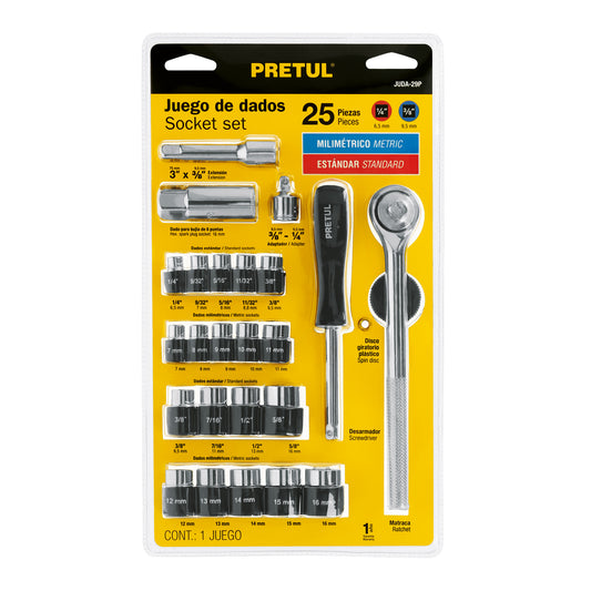 Juego de 25 herramientas 1/4' y 3/8' para mecánico, Pretul Caja con 4, 23974