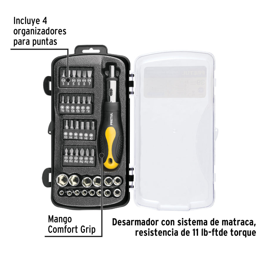 Juego de 39 herramientas 1/4' para mecánico, Pretul Caja con 2, 23971
