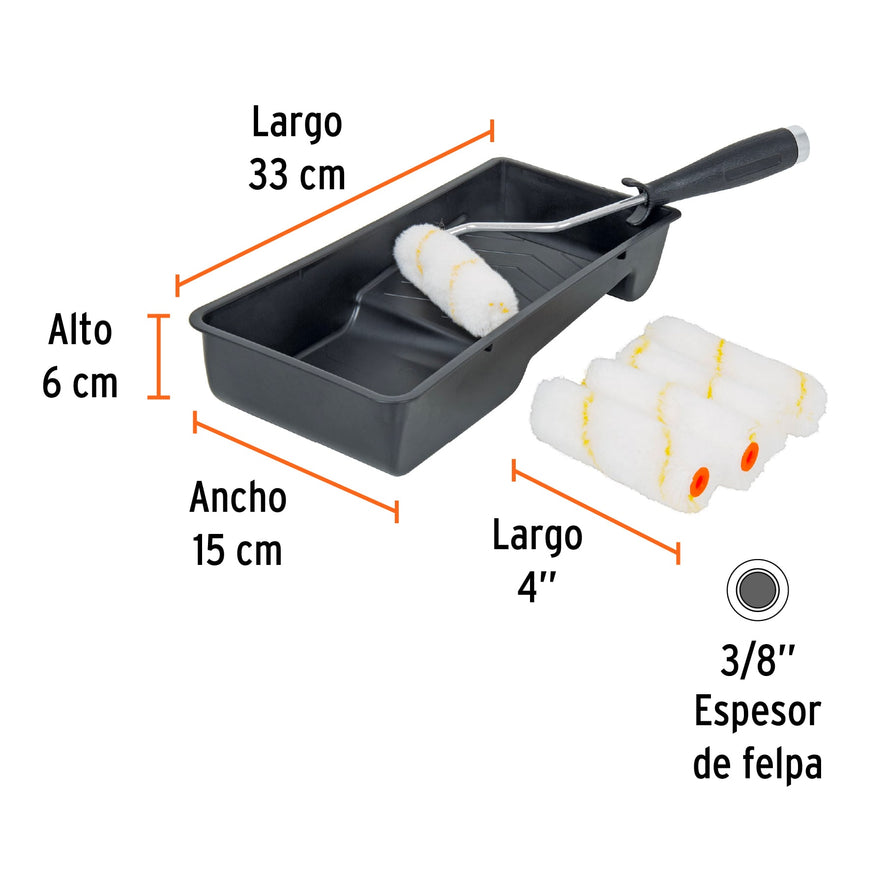 Kit de rodillo para pintar, 4' (maneral, charola y 5 felpas) Caja con 4, 15023