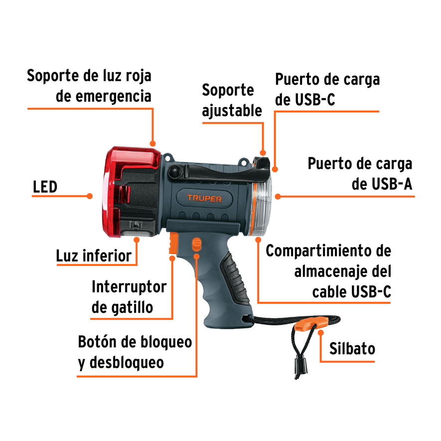 Linterna reflectora LED 2000 lm, recargable, TRUPER, 102418