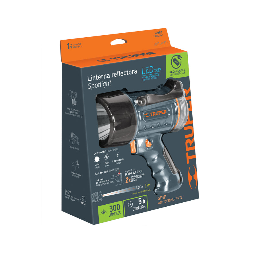 Linterna reflectora LED 300 lm recargable, TRUPER, 12983