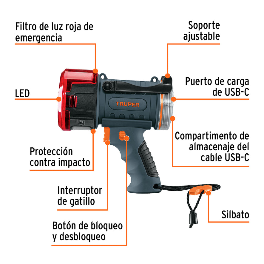 Linterna reflectora LED 900 lm, recargable, TRUPER, 102404