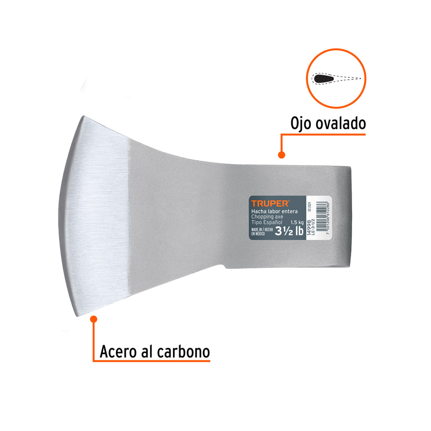 Hacha labor entera 3-1/2 lb, sin mango, TRUPER Caja con 4, 14998