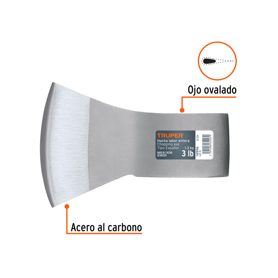 Hacha labor entera 3 lb, sin mango, TRUPER Caja con 4, 14996