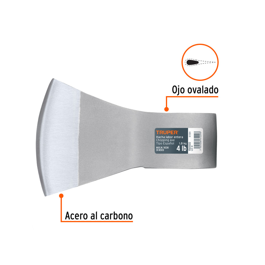 Hacha labor entera 4 lb, sin mango, TRUPER Caja con 4, 15000