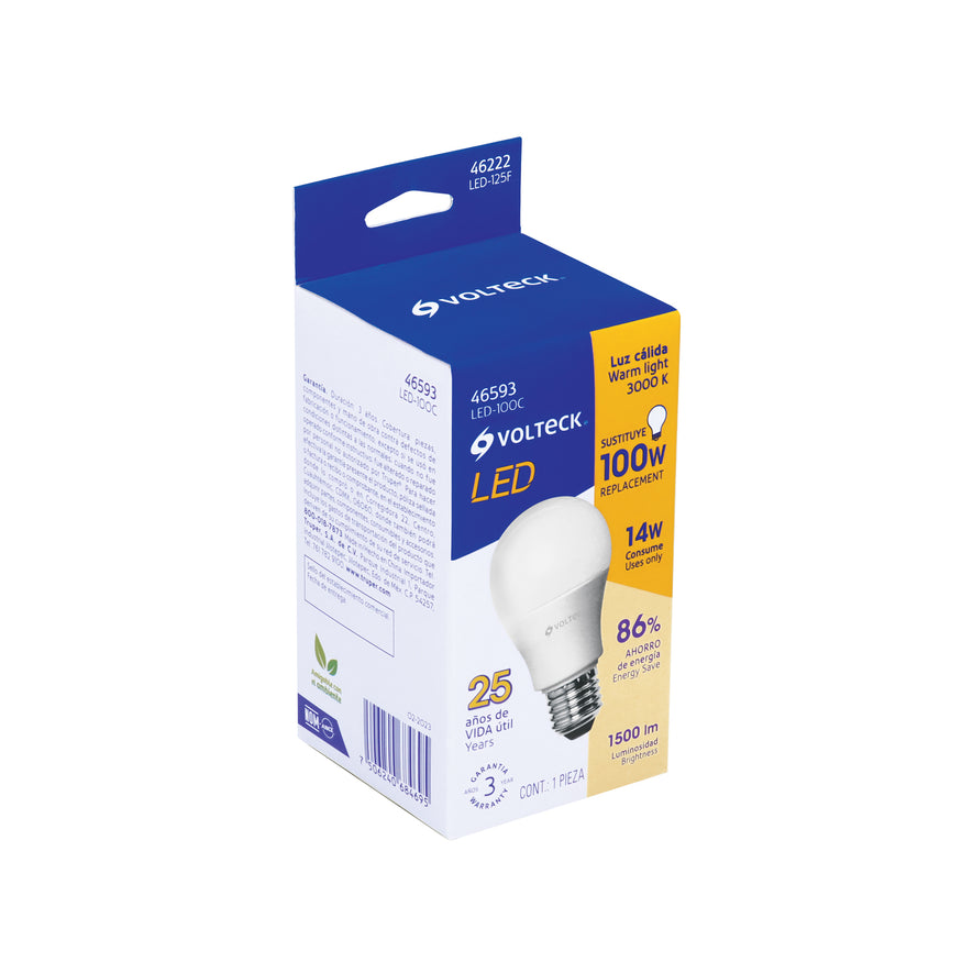 Lámpara LED A19 14 W (equiv. 100 W) luz cálida, caja Volteck Caja con 6, 46593