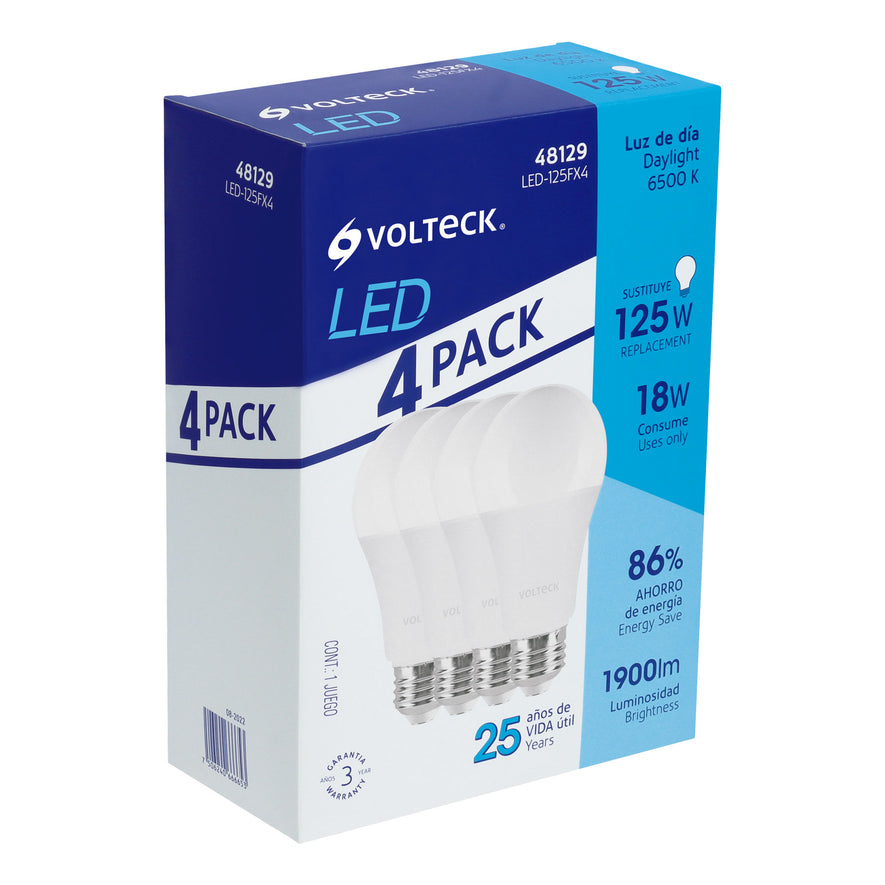 Pack de 4 lámparas LED A19 18 W (equiv. 125 W), luz de día Caja con 4, 48129
