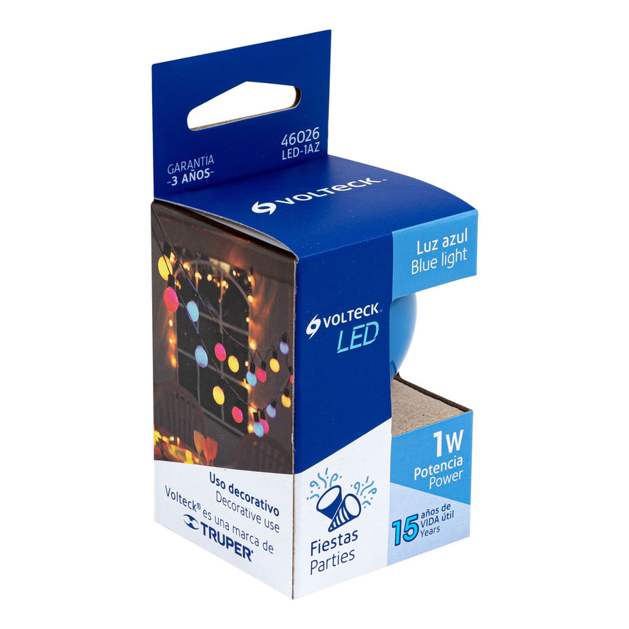 Lámpara LED tipo bulbo G45 1 W color azul, caja, Volteck Caja con 10, 46026