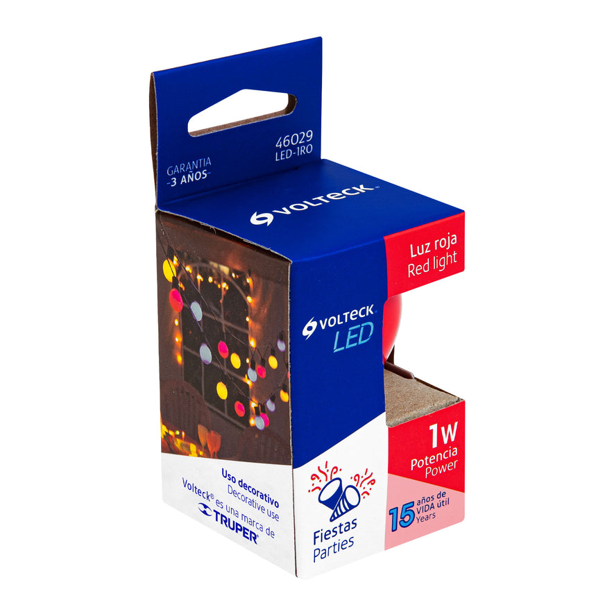 Lámpara LED tipo bulbo G45 1 W color rojo, caja, Volteck Caja con 10, 46029