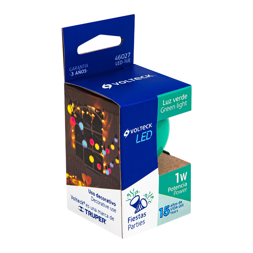 Lámpara LED tipo bulbo G45 1 W color verde, caja, Volteck Caja con 10, 46027
