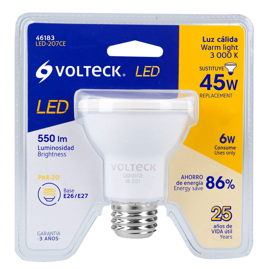 Lámpara de LED 6 W tipo PAR 20 luz cálida, blíster, Volteck Caja con 6, 46183