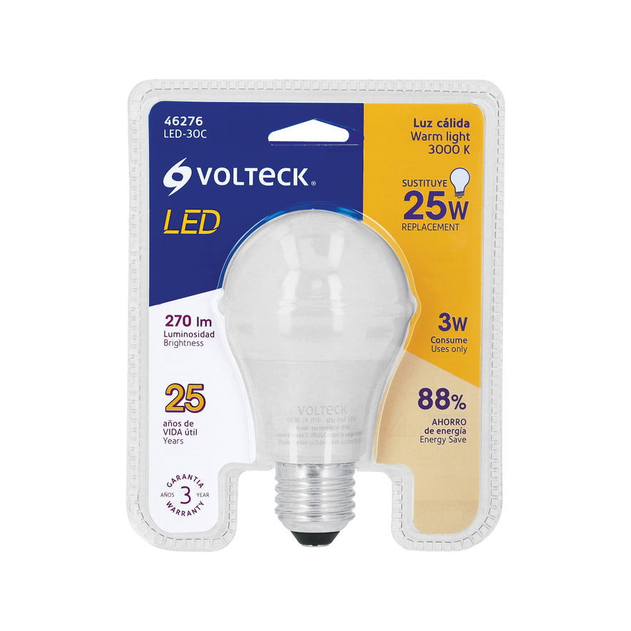 Lámpara LED A19 3 W (equiv. 25 W) luz cálida blíster Volteck Caja con 6, 46276