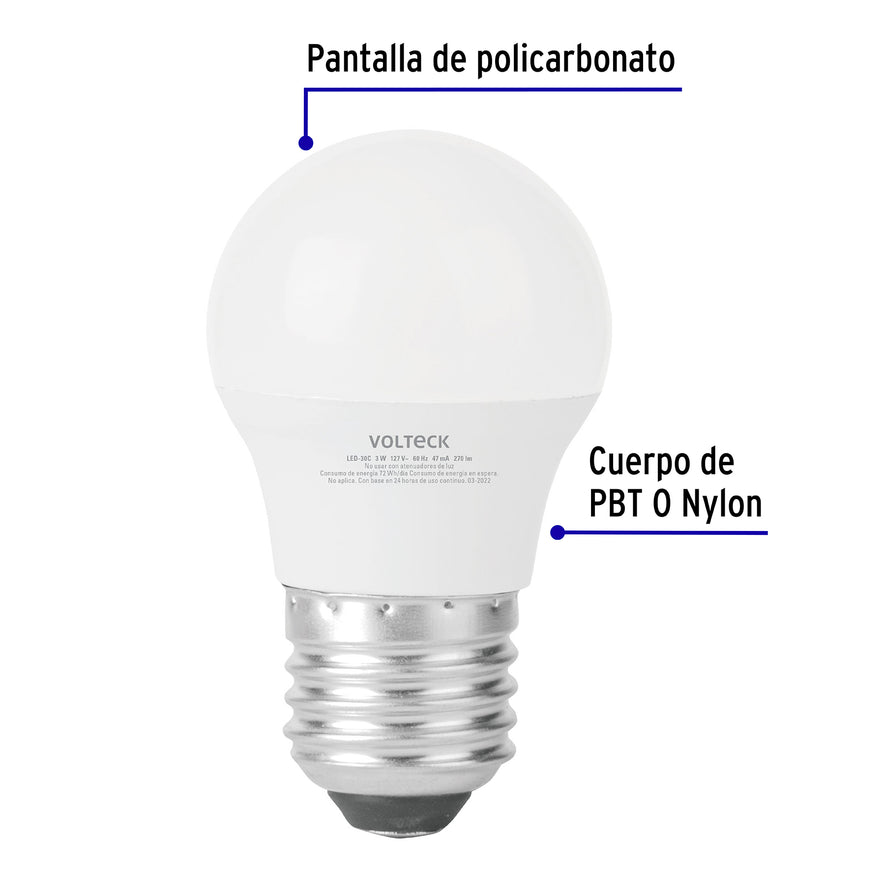 Lámpara LED A19 3 W (equiv. 25 W) luz cálida blíster Volteck Caja con 6, 46276