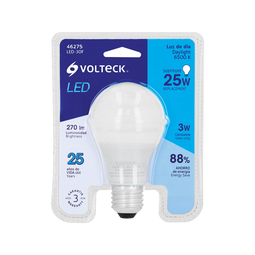 Lámpara LED A19 3 W (equiv. 25 W) luz de día blíster Volteck Caja con 6, 46275