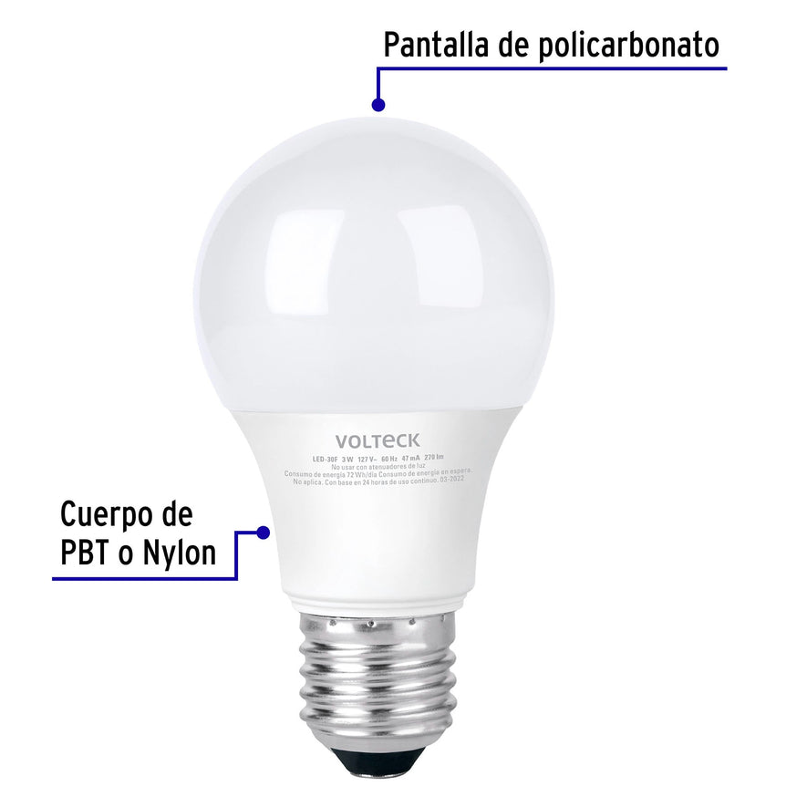 Lámpara LED A19 3 W (equiv. 25 W) luz de día blíster Volteck Caja con 6, 46275