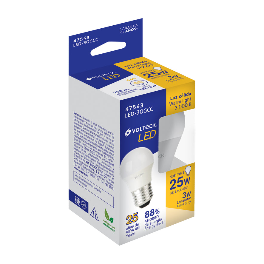 Lámpara LED G45 3 W (equiv. 25 W), luz cálida, caja, Volteck Caja con 12, 47543