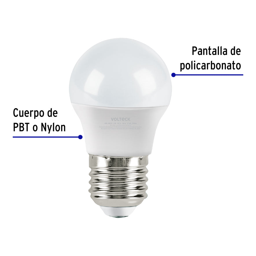 Lámpara LED G45 3 W (equiv. 25 W), luz cálida, caja, Volteck Caja con 12, 47543