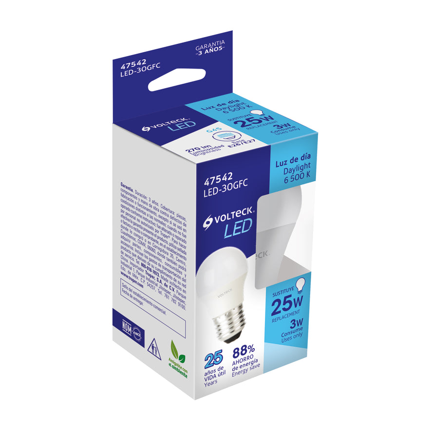 Lámpara LED G45 3 W (equiv. 25 W), luz de día, caja, Volteck Caja con 12, 47542