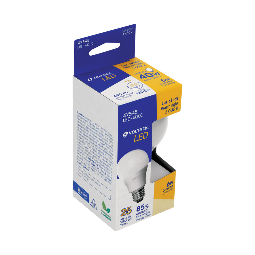 Lámpara LED tipo bulbo A19 6 W luz cálida, caja, Volteck Caja con 12, 47545