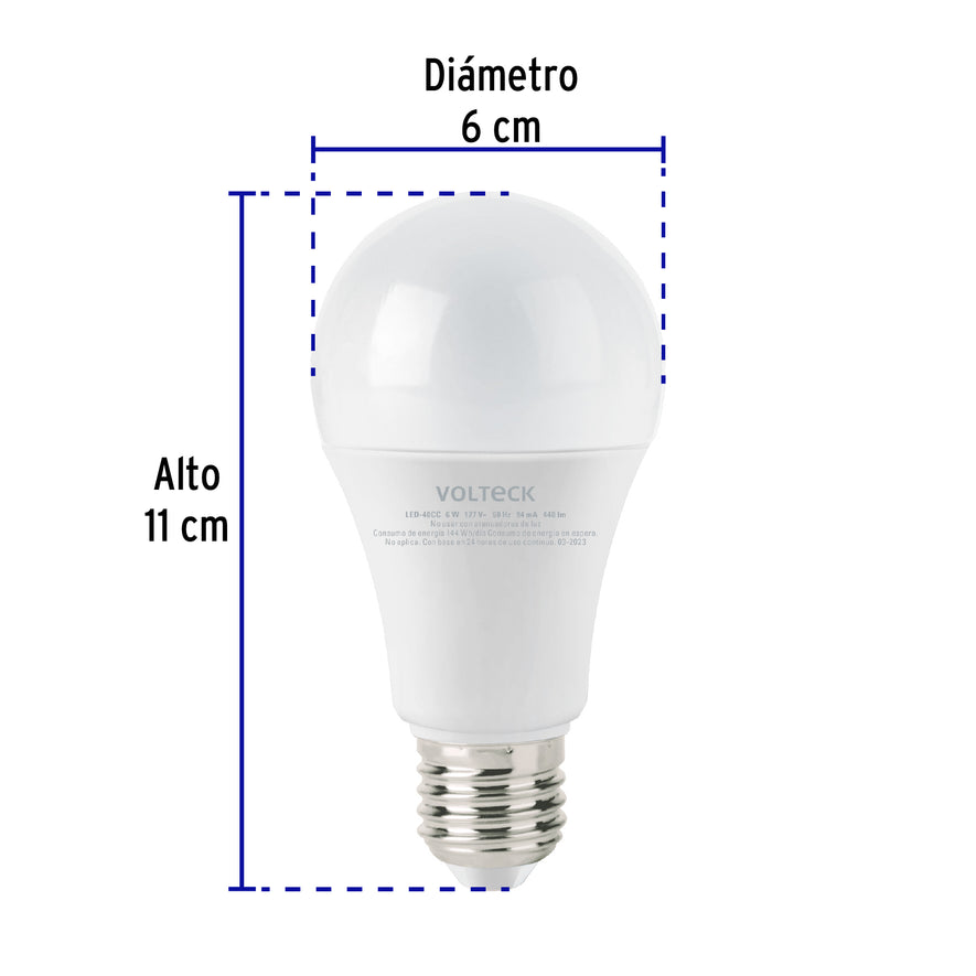Lámpara LED tipo bulbo A19 6 W luz cálida, caja, Volteck Caja con 12, 47545
