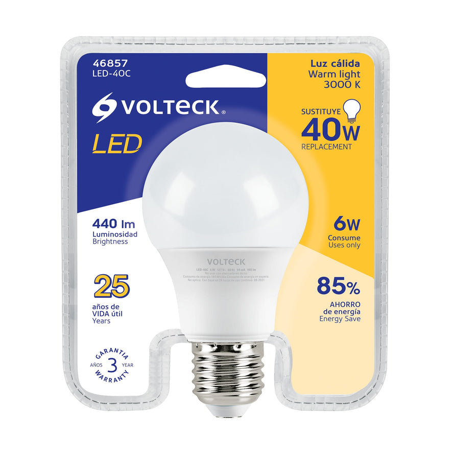 Lámpara LED A19 6 W (equiv. 40 W) luz cálida blíster Volteck Caja con 6, 46857