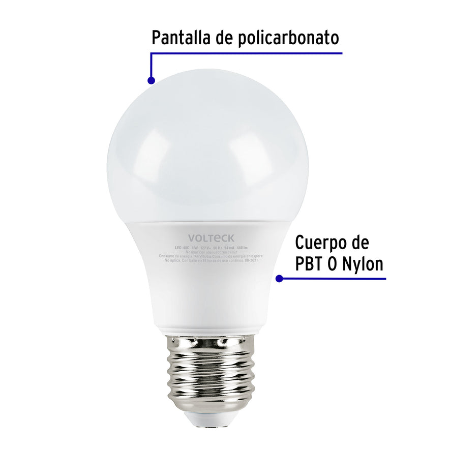 Lámpara LED A19 6 W (equiv. 40 W) luz cálida blíster Volteck Caja con 6, 46857