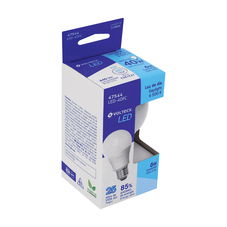 Lámpara LED tipo bulbo A19 6 W luz de día, caja, Volteck Caja con 12, 47544