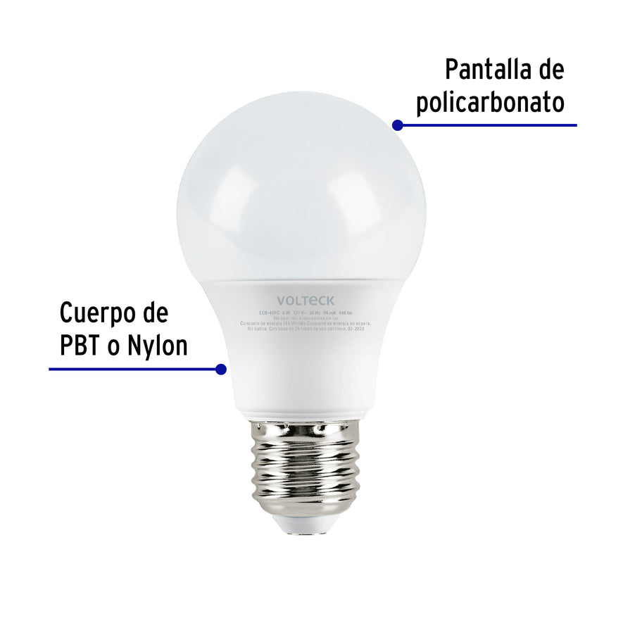 Lámpara LED tipo bulbo A19 6 W luz de día, caja, Volteck Caja con 12, 47544