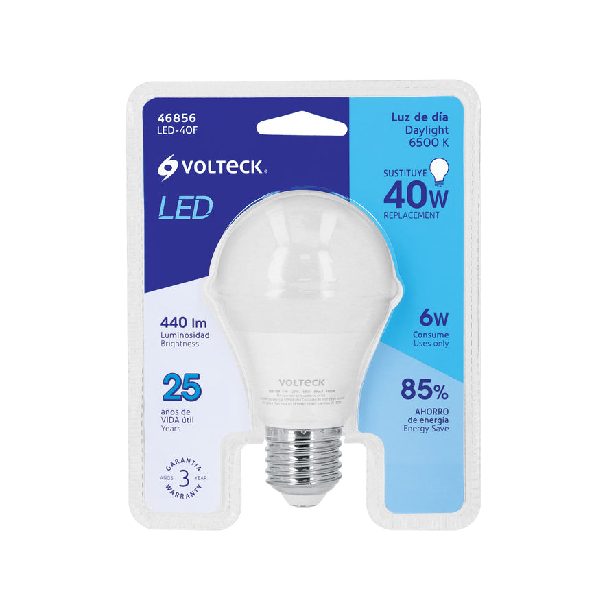 Lámpara LED A19 6 W (equiv. 40 W) luz de día blíster Volteck Caja con 12, 46856