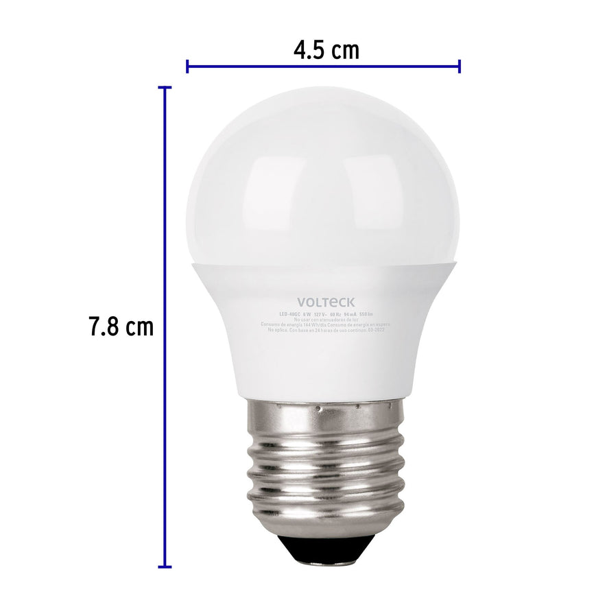 Lámpara LED G45 6 W (equiv. 40 W) luz cálida blíster Volteck Caja con 6, 46278