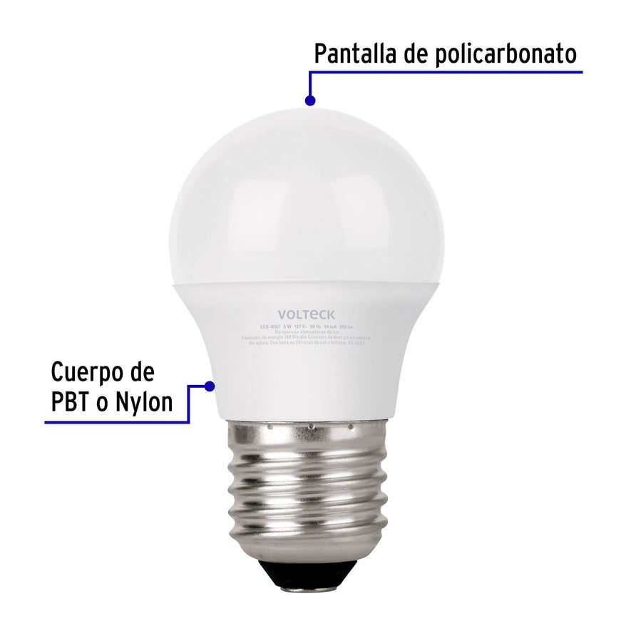 Lámpara LED G45 6 W (equiv. 40 W) luz de día blíster Volteck Caja con 6, 46277